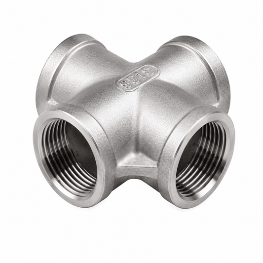 150LB carbon steel four-way cross pipe fitting for industrial piping networks in Qatar.