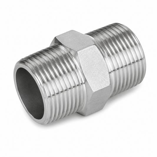 150LB carbon steel hex nipple pipe fitting with central hexagonal grip for industrial threading systems in Qatar.