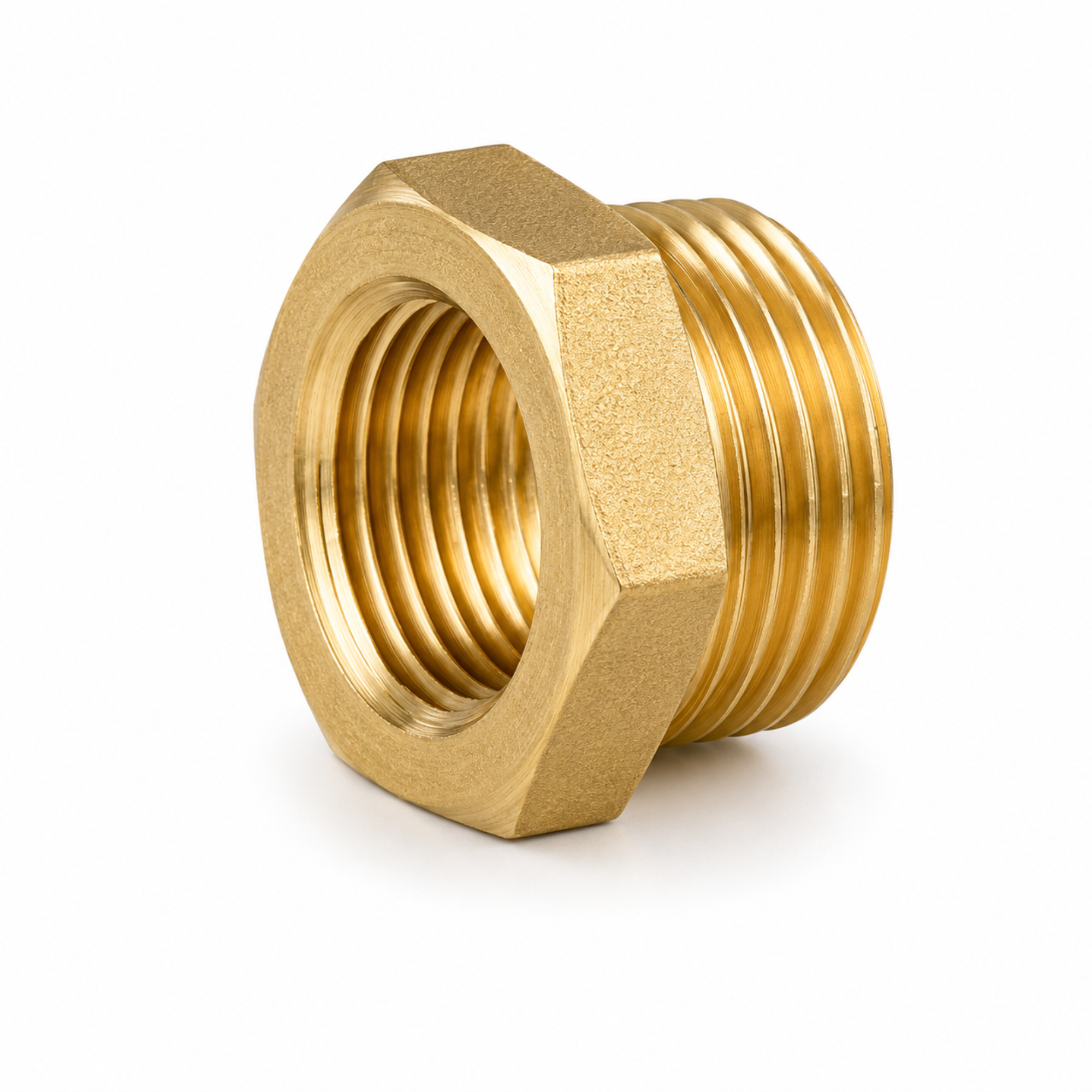 Durable threaded brass bushing reducer fitting for connecting different pipe sizes in industrial plumbing systems in Qatar.