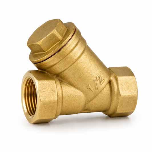 Durable brass Y-strainer with stainless steel mesh screen for industrial pipeline debris filtration in Qatar.