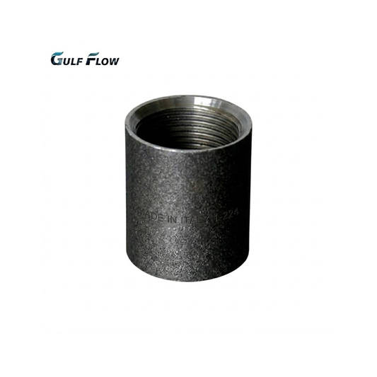 Gulf Flow heavy-duty black carbon steel pipe socket straight female coupling fitting with continuous internal threads showing manufacturing compliance standards