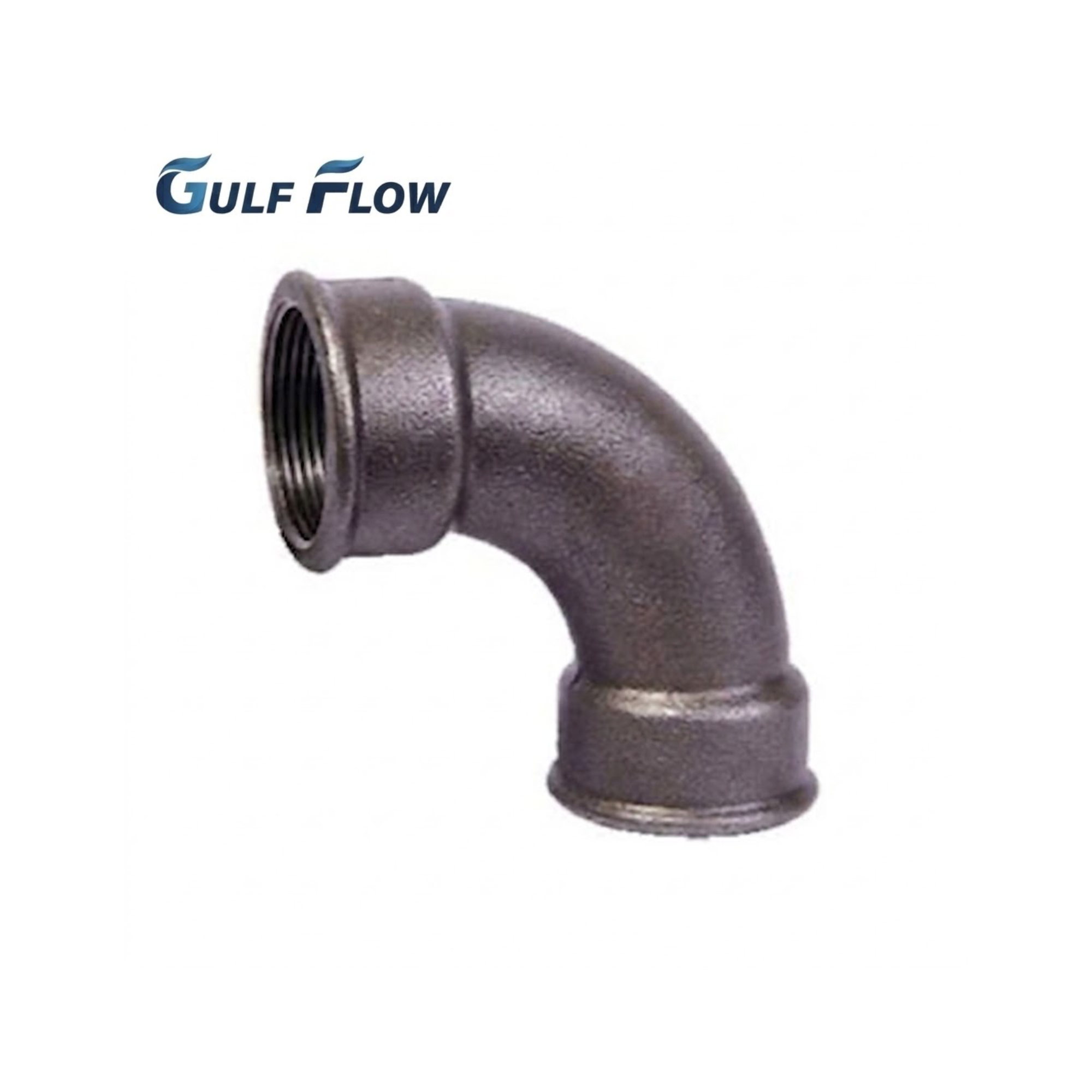 Gulf Flow heavy-duty female-to-female F&F threaded black iron 90 degree bend pipe fitting elbow for MEP and industrial plumbing applications in Qatar.