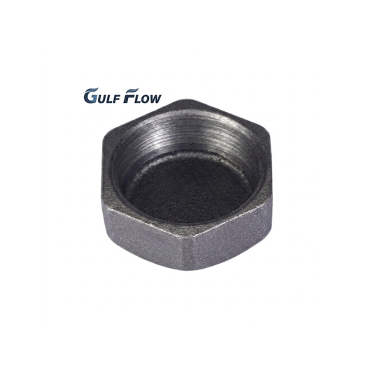 High-clarity Gulf Flow black iron hexagonal cap female threaded pipe fitting on a white background for industrial gas and oil pipelines in Qatar.