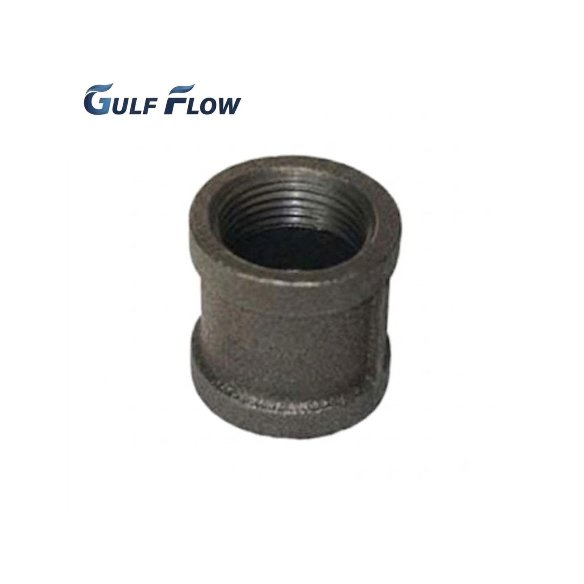 Gulf Flow heavy-duty black iron straight socket with female-threaded ends for linear pipe connections and industrial gas pipeline MEP networks in Qatar.