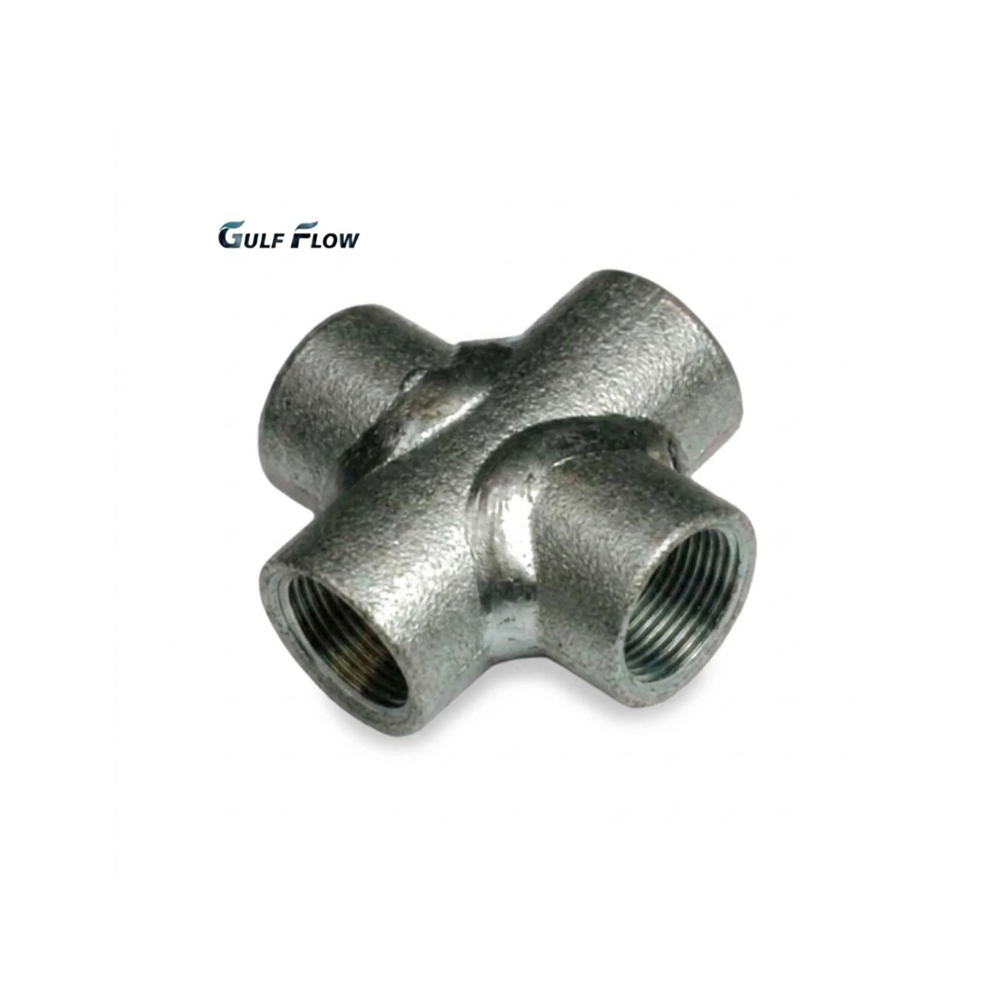 Gulf Flow hot-dip galvanised iron 4-way equal cross pipe fitting featuring precision female threads and a State of Qatar GSO compliant certification seal for industrial mechanical plumbing infrastructure.