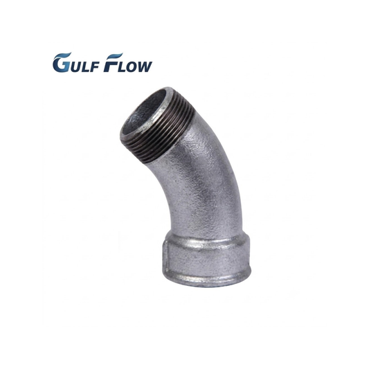 Gulf Flow premium hot-dip galvanized iron 45 degree bend pipe fitting elbow for water supply and civil MEP engineering infrastructure in Qatar.