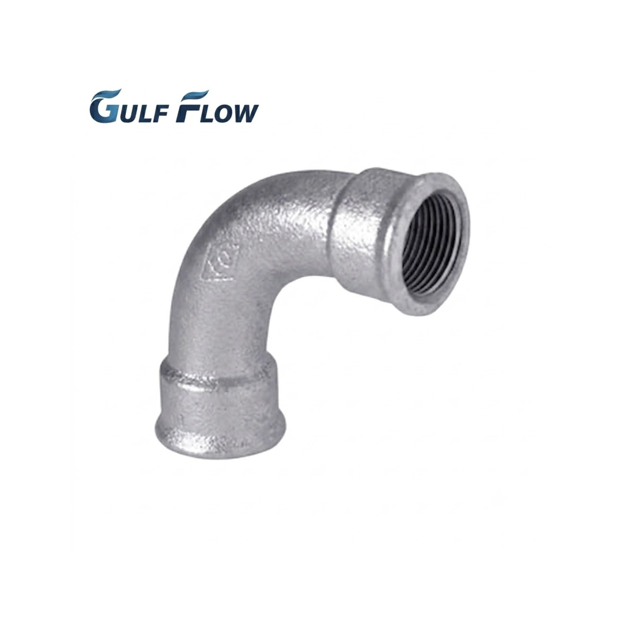 Gulf Flow industrial-grade galvanized iron 90-degree sweep bend pipe fitting featuring female internal threads on both ends for clean piping connections