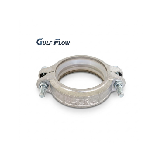 Clear studio-angle product shot of a Gulf Flow galvanized grooved flexible coupling pipe fitting showing the internal rubber gasket, heavy-duty side bolts, and clear silver-metallic finish on a pure white background.