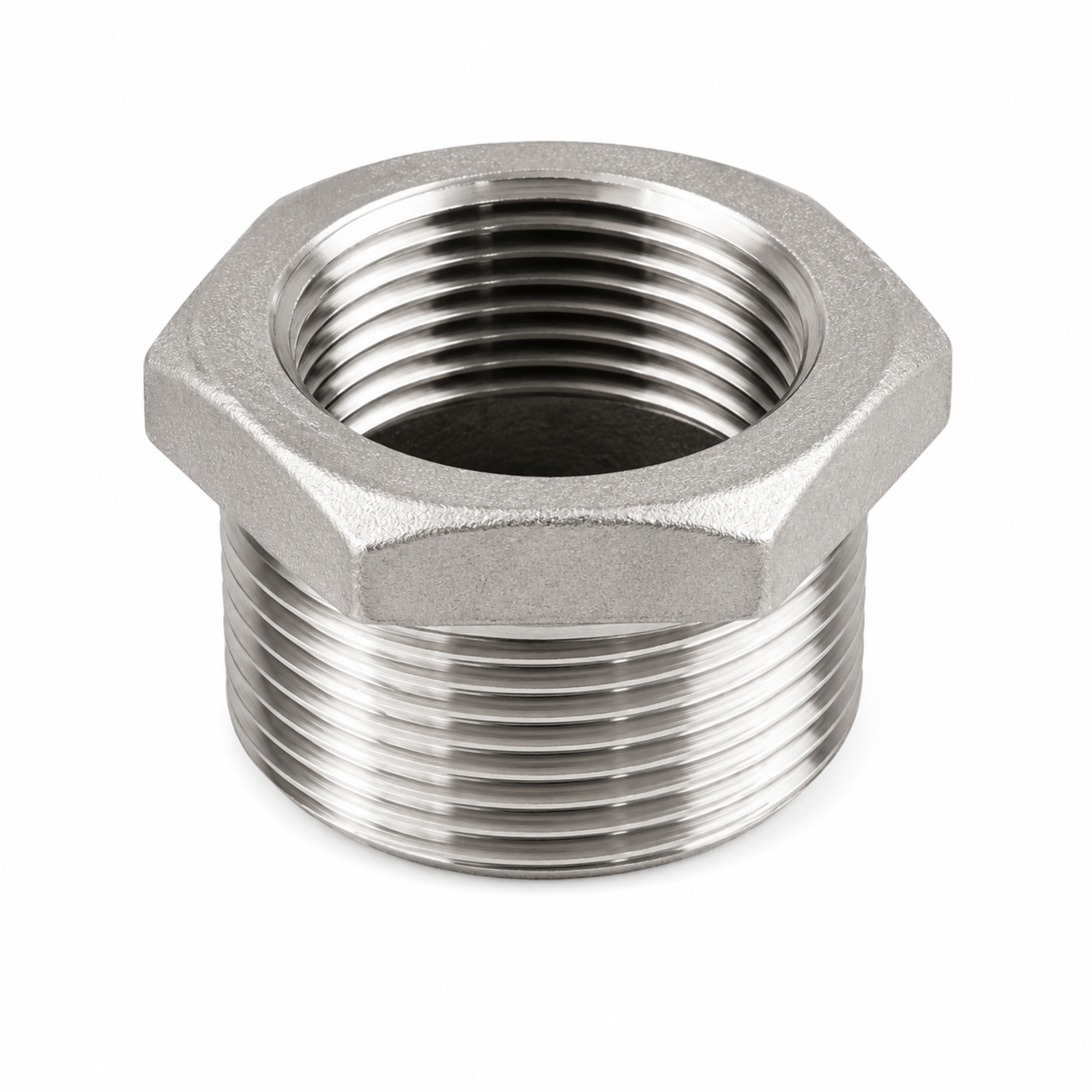 150LB carbon steel hex bushing pipe fitting with external and internal threads for pipeline size reduction in Qatar.