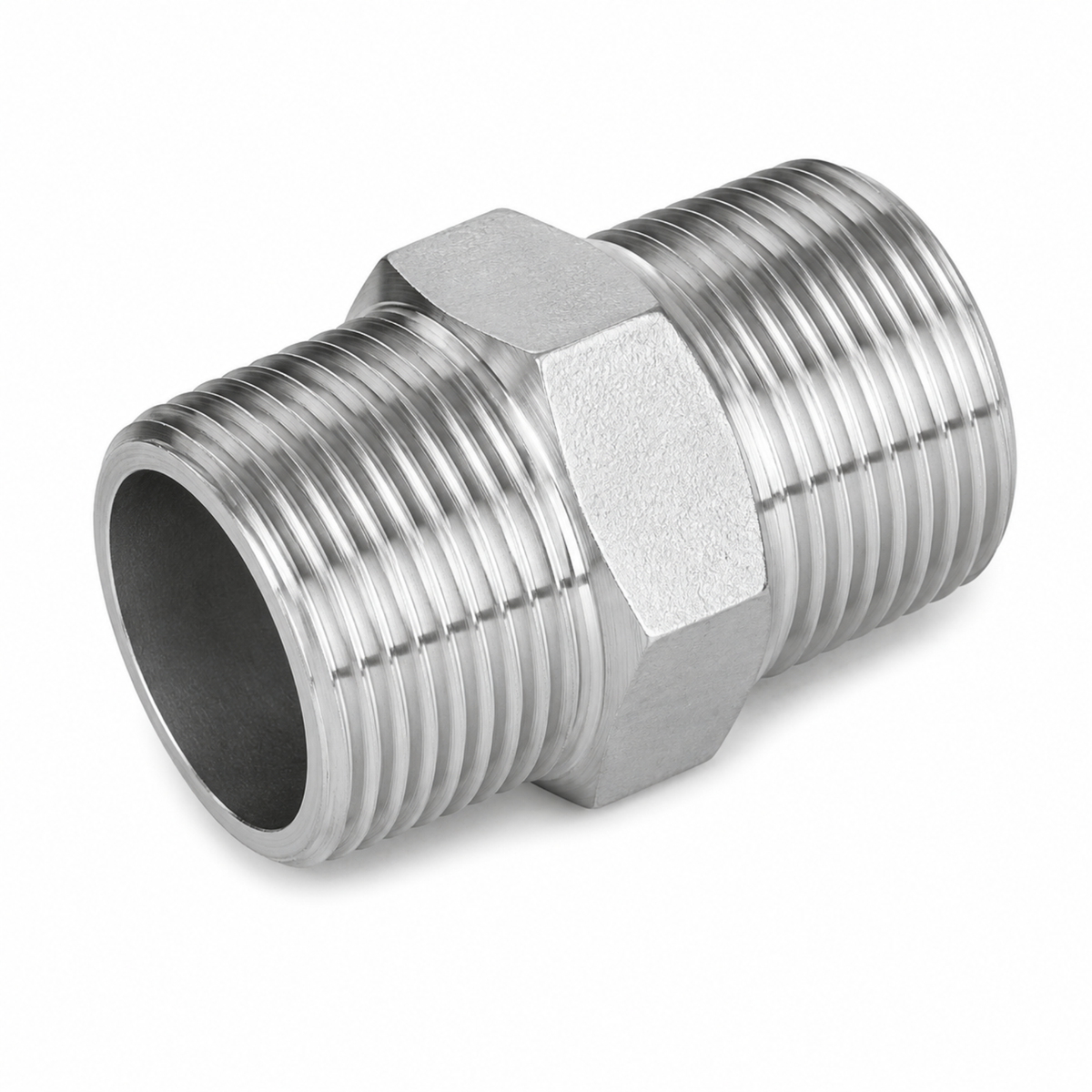 150LB carbon steel hex nipple pipe fitting with central hexagonal grip for industrial threading systems in Qatar.