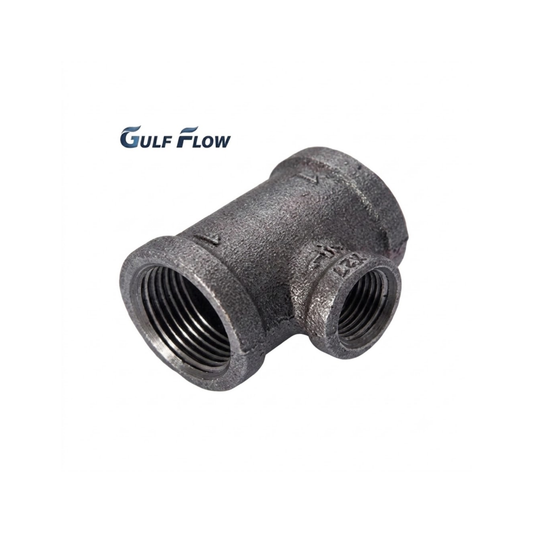 Gulf Flow Black Iron Reducing Tee female threaded malleable iron pipe fitting on a white background for gas and industrial plumbing supply in Qatar.