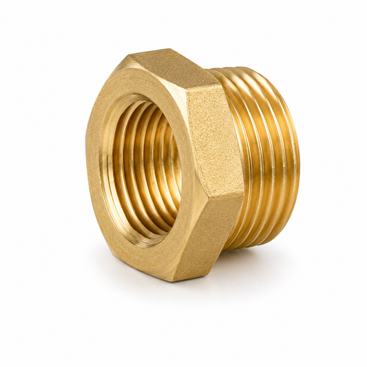 Durable threaded brass bushing reducer fitting for connecting different pipe sizes in industrial plumbing systems in Qatar.