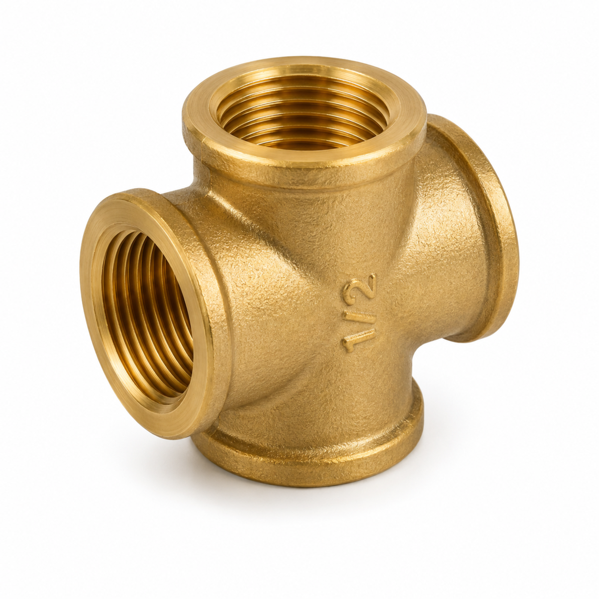 Durable threaded 4-way brass cross pipe fitting for multi-directional fluid distribution in industrial plumbing systems in Qatar.