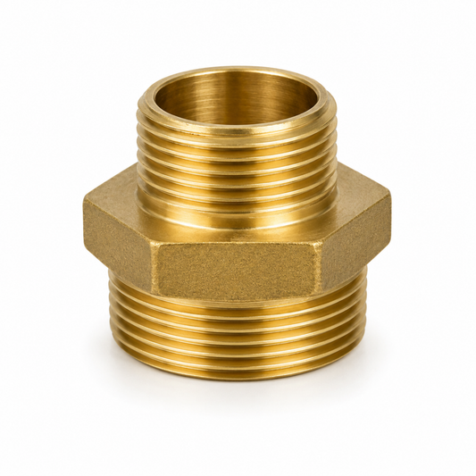 Durable male-threaded brass reducing nipple pipe fitting for stepping down pipe sizes between valves and components in Qatar.