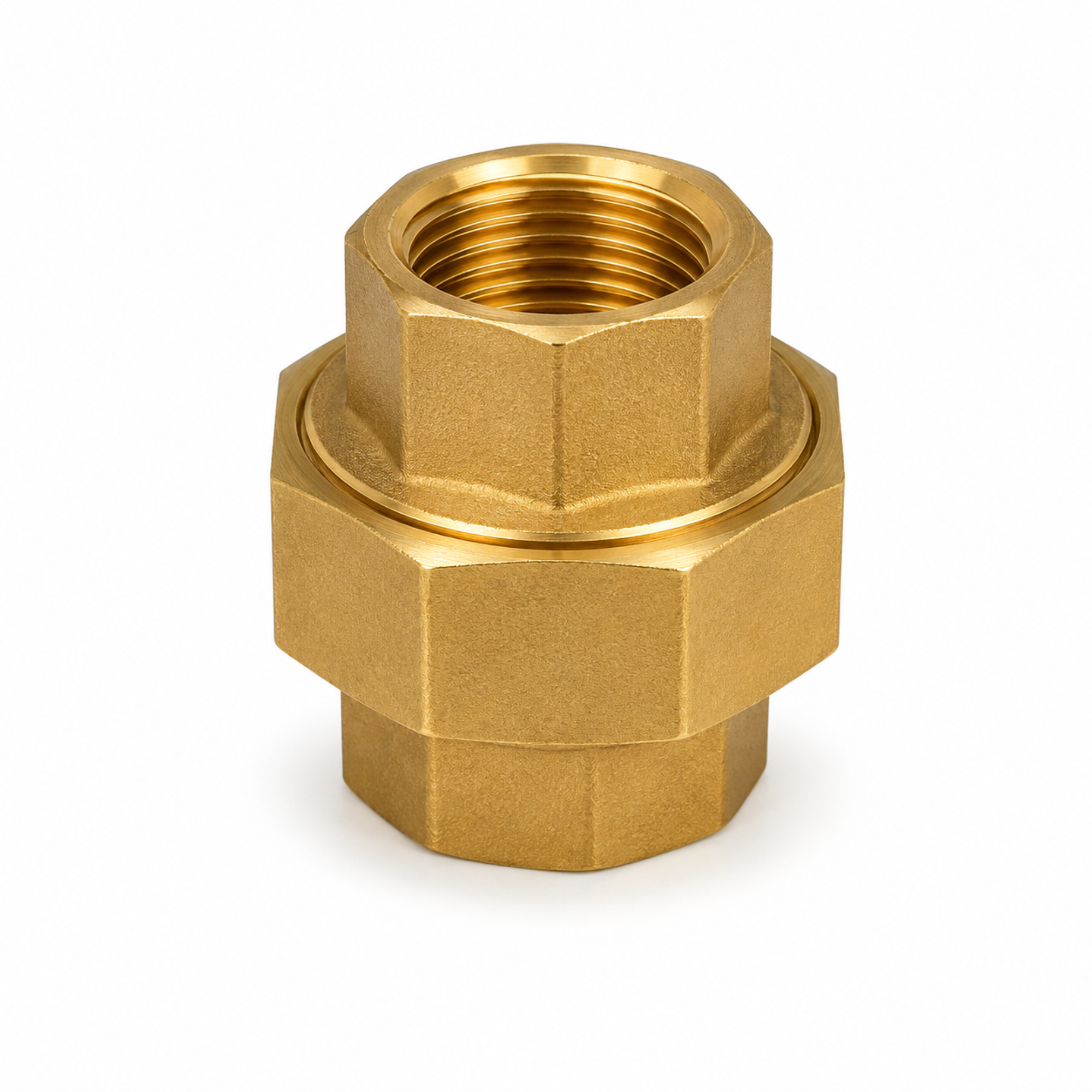 Durable threaded brass union pipe fitting with three-piece locking nut for easy pipeline disconnection in industrial plumbing systems in Qatar.