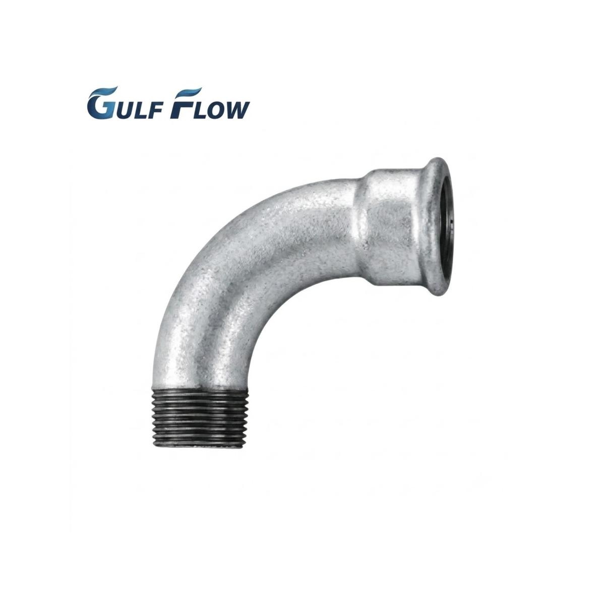 Gulf Flow heavy-duty galvanized iron 90-degree sweep bend pipe fitting featuring a male threaded end and a female threaded end for smooth pipeline routing