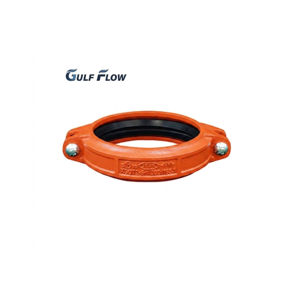 Gulf Flow grooved rigid coupling with integrated rubber gasket and heavy-duty side bolts on a clear white background for fire fighting systems in Qatar.