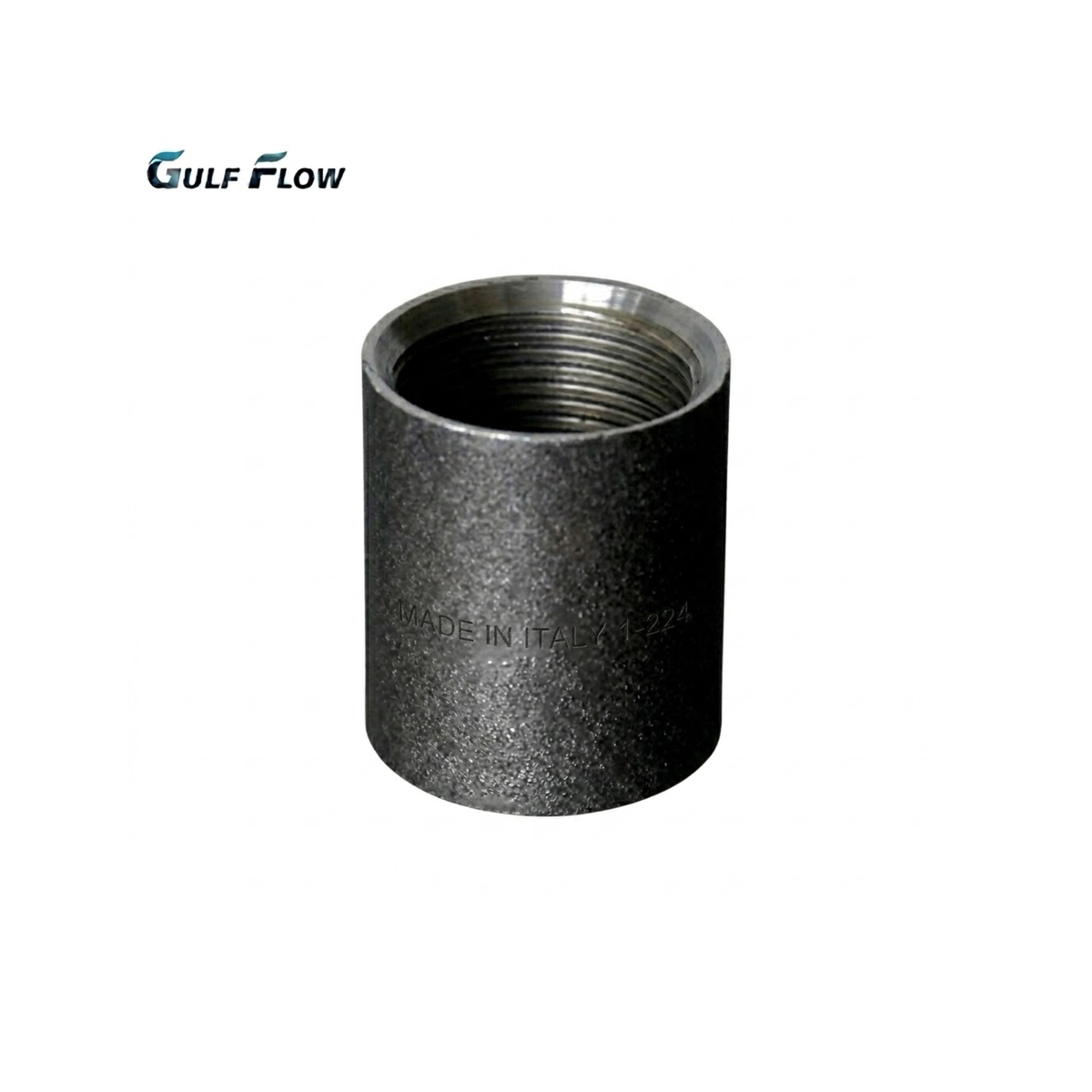 Gulf Flow heavy-duty black carbon steel pipe socket straight female coupling fitting with continuous internal threads showing manufacturing compliance standards