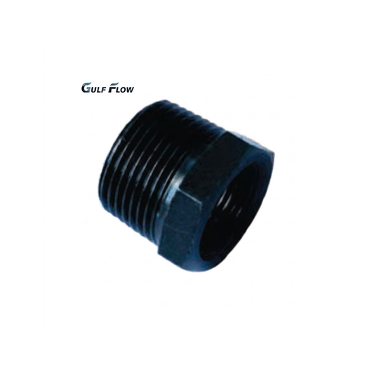 Gulf Flow black carbon steel threaded hex reducing bushing pipe fitting with male and female threads for space-saving diameter step-downs in Qatar MEP projects