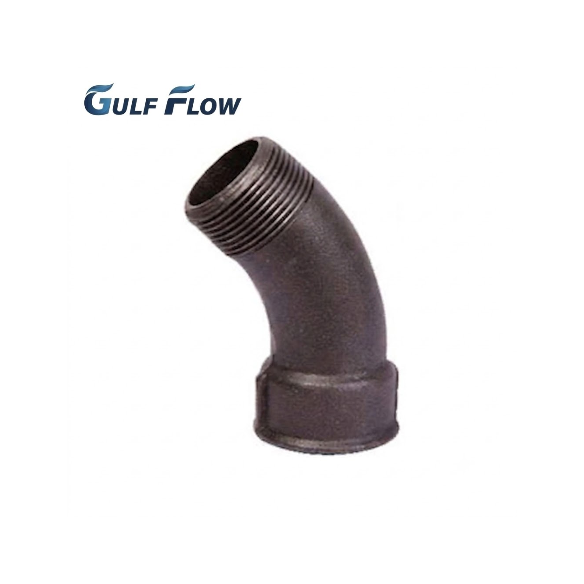 Gulf Flow male to female M&F threaded black iron 45 degree bend street elbow pipe fitting for industrial pipeline and MEP engineering applications in Qatar.