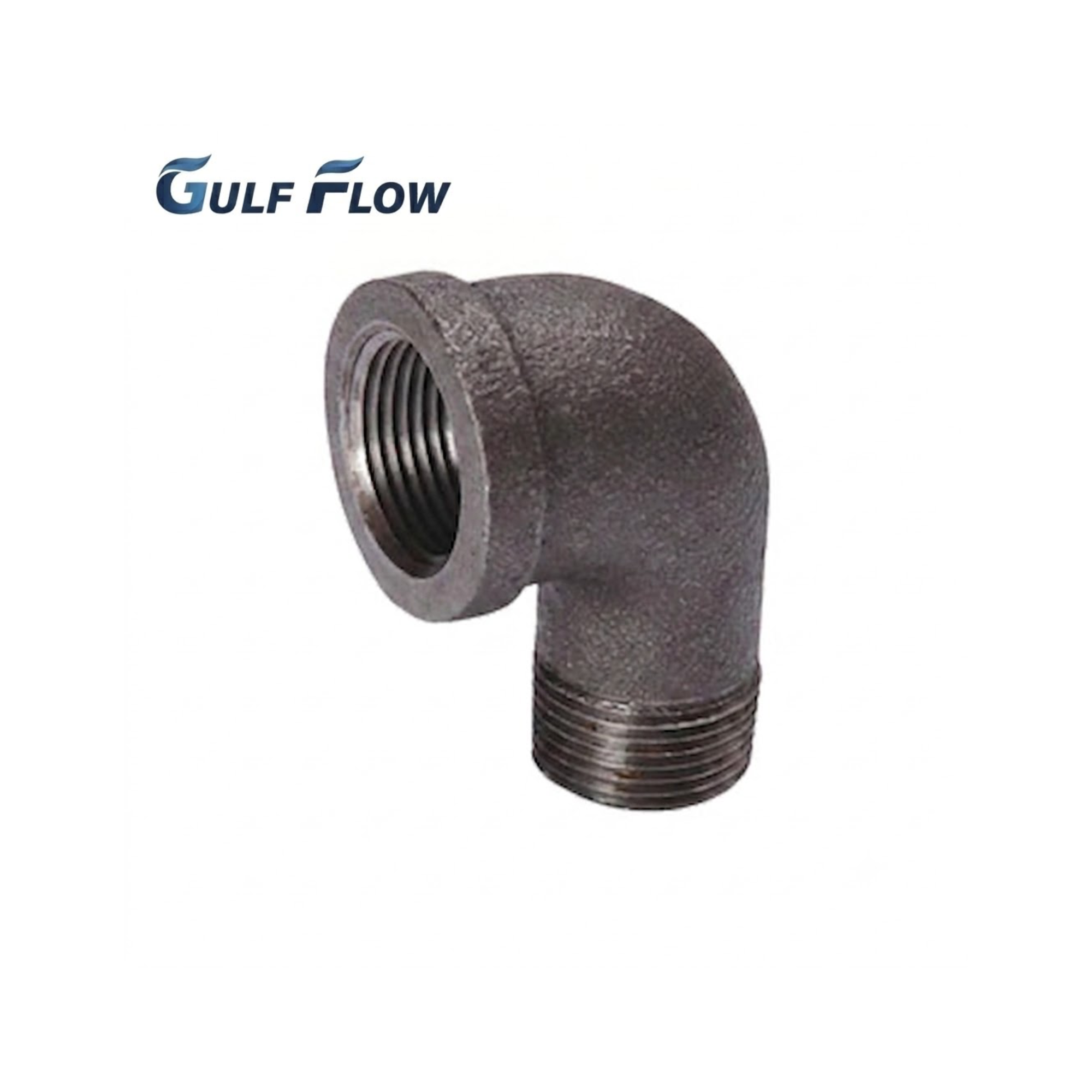 Gulf Flow heavy duty malleable 90 degree black iron street elbow with female-to-male F&M threaded ends for industrial process pipelines and MEP networks in Qatar.