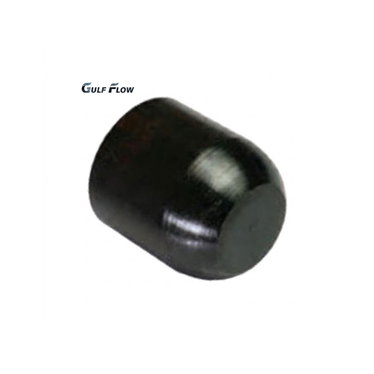 Gulf Flow black malleable iron female threaded pipe cap fitting with deep internal threads on a clean white background