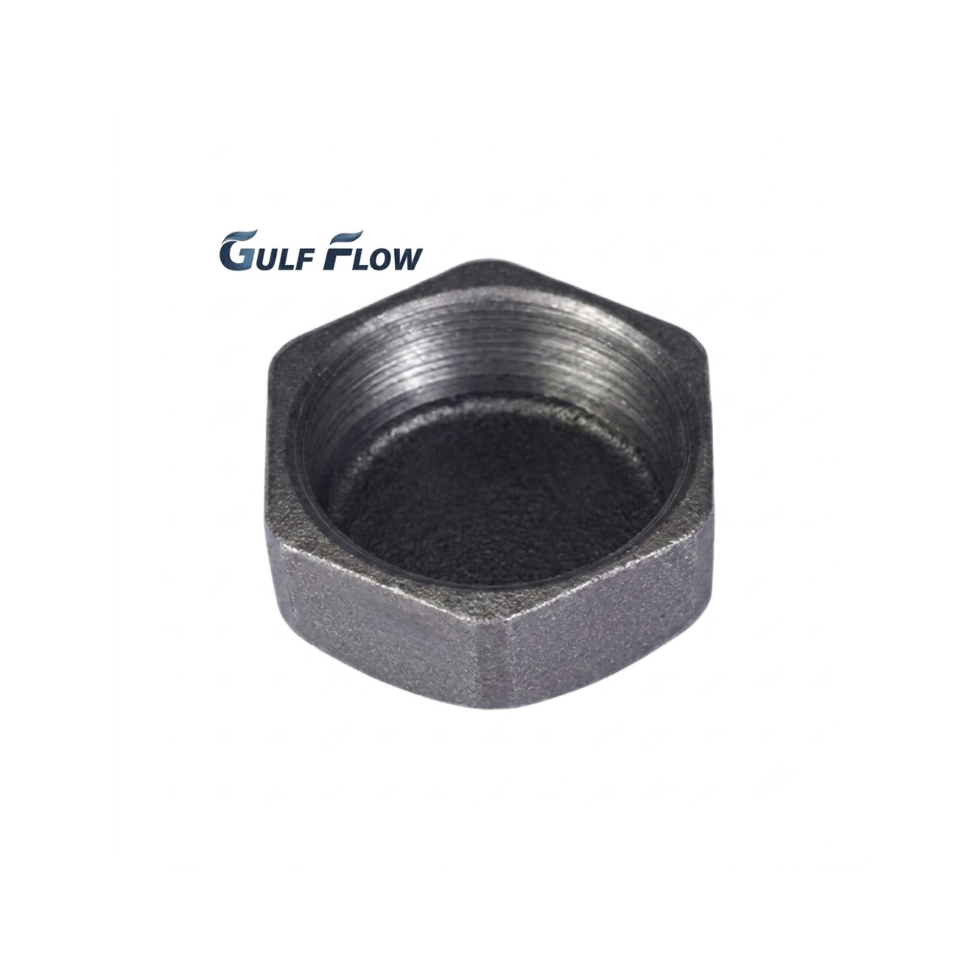 High-clarity Gulf Flow black iron hexagonal cap female threaded pipe fitting on a white background for industrial gas and oil pipelines in Qatar.