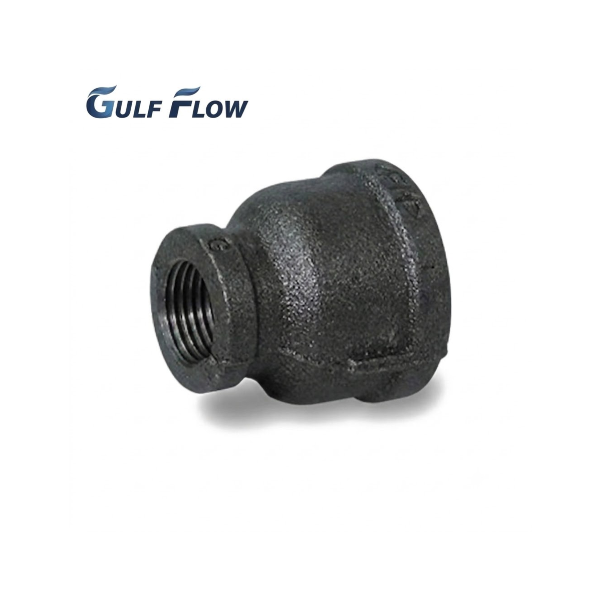 Gulf Flow heavy-duty black iron concentric reducing socket with unequal female-threaded ends for adapting pipe sizes in industrial gas pipeline MEP networks across Qatar.