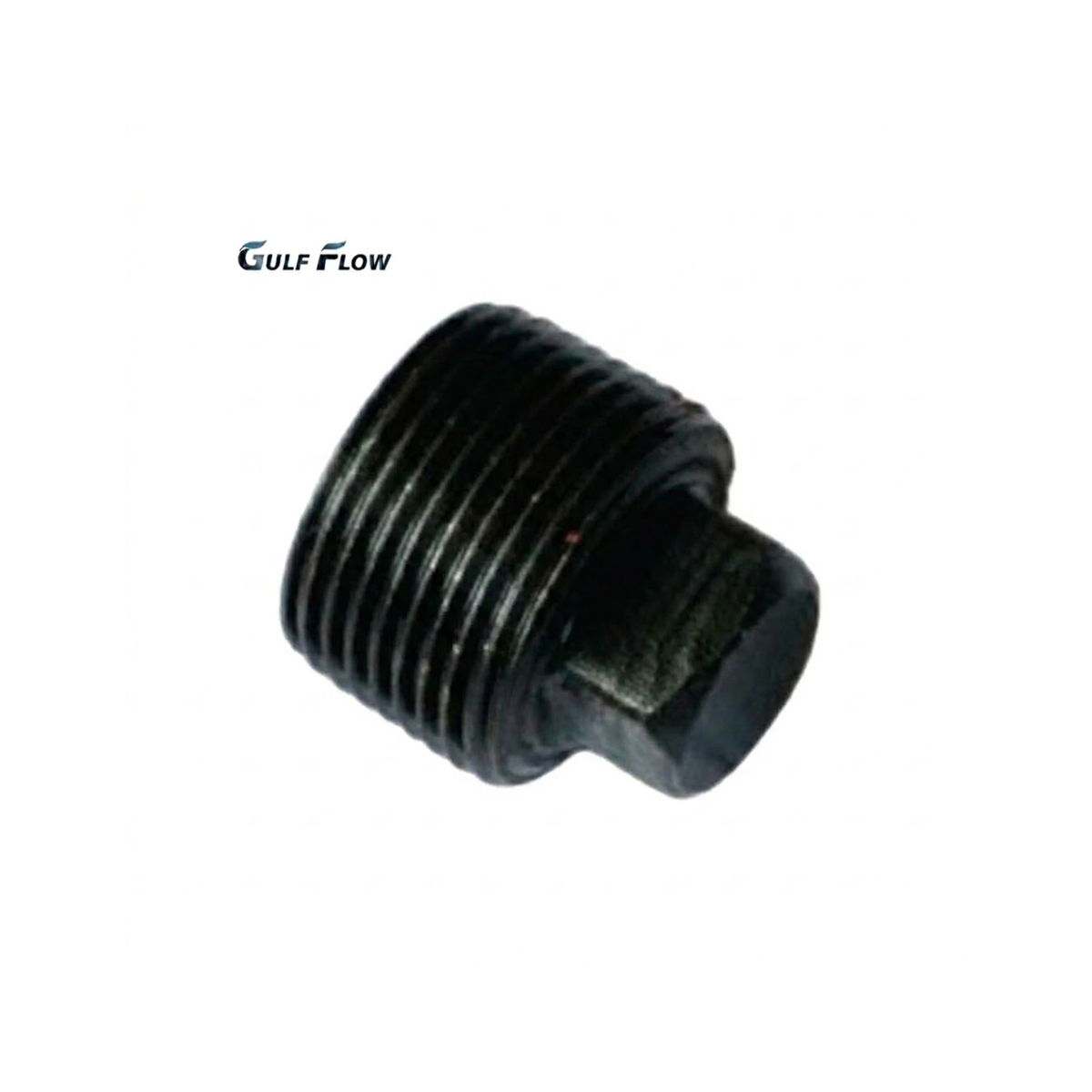 Gulf Flow black malleable iron square head threaded pipe plug fitting for gas and oil pipeline termination on a clean white background