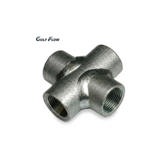 Gulf Flow hot-dip galvanised iron 4-way equal cross pipe fitting featuring precision female threads and a State of Qatar GSO compliant certification seal for industrial mechanical plumbing infrastructure.