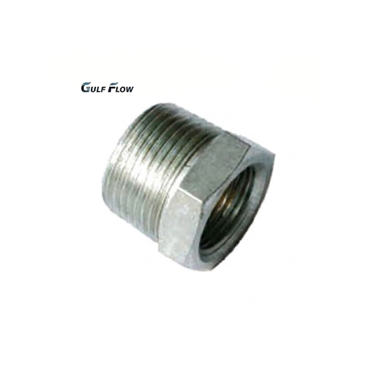 Gulf Flow galvanised iron threaded hex reducing bushing pipe fitting with male and female threads for high-torque diameter transitions in Qatar plumbing systems