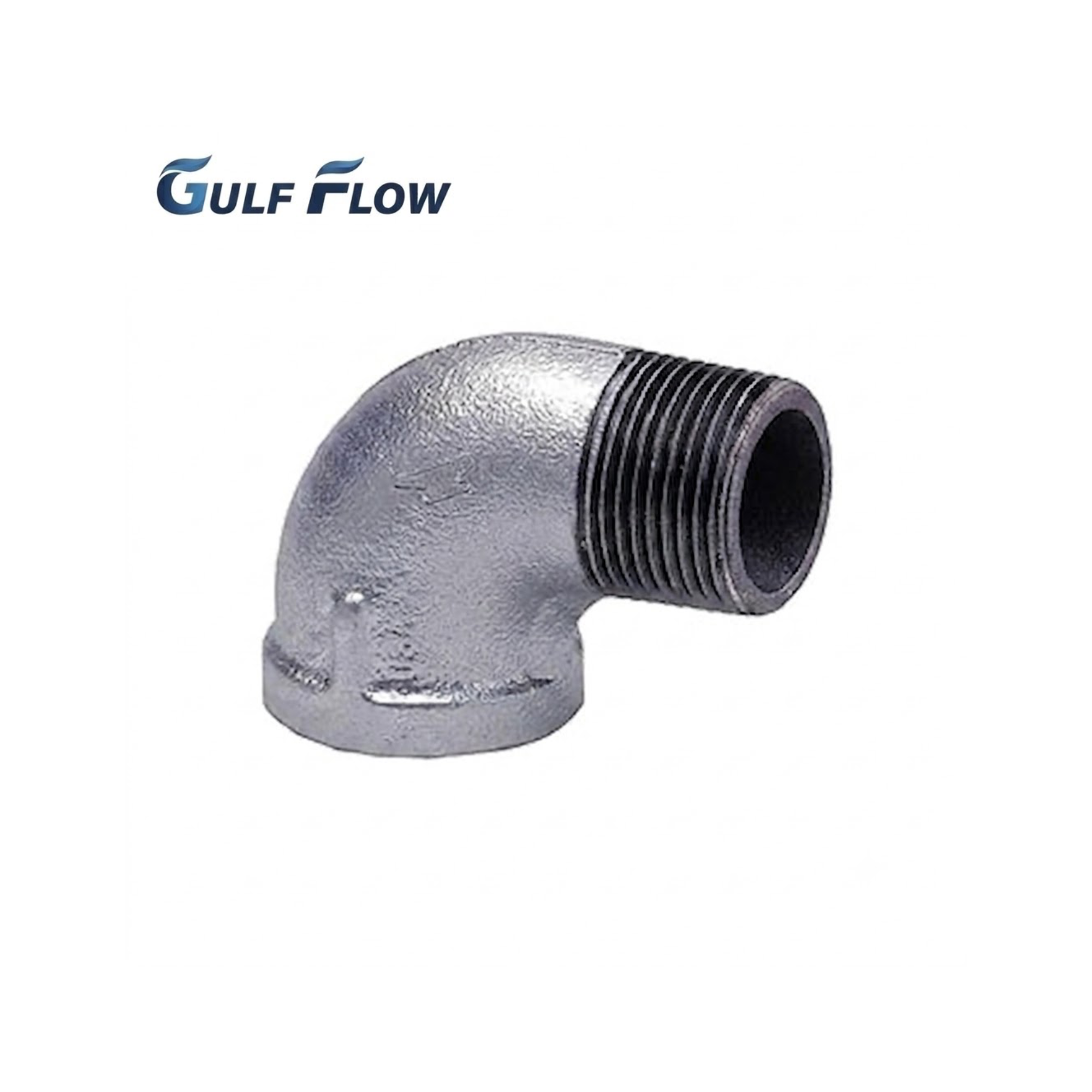 Gulf Flow hot-dip galvanized iron 90 degree street elbow with male-to-female M&F threaded ends for space-saving plumbing connections and civil MEP networks in Qatar.