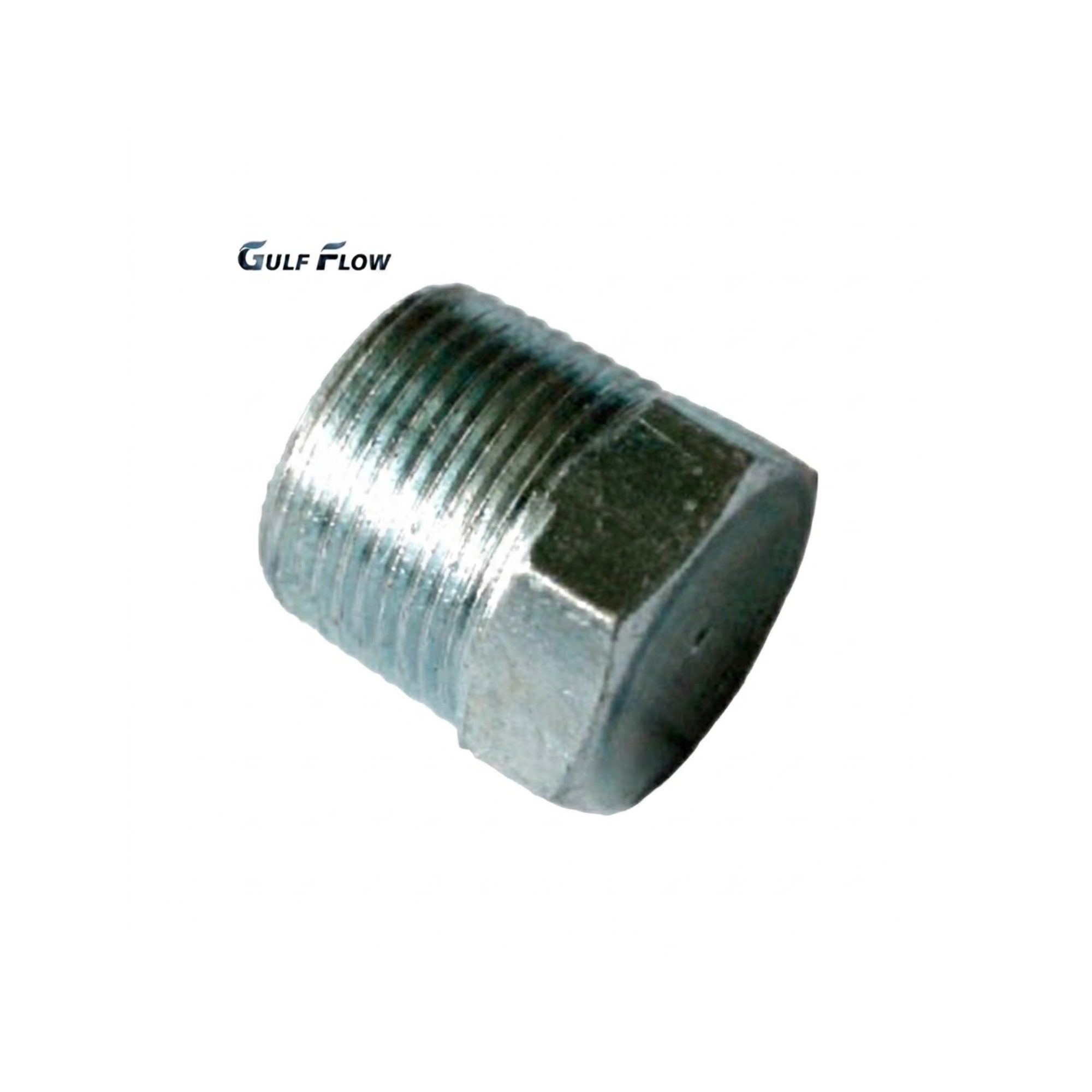 Gulf Flow galvanized malleable iron hexagon head threaded pipe plug fitting with precision male threads on a clean white background