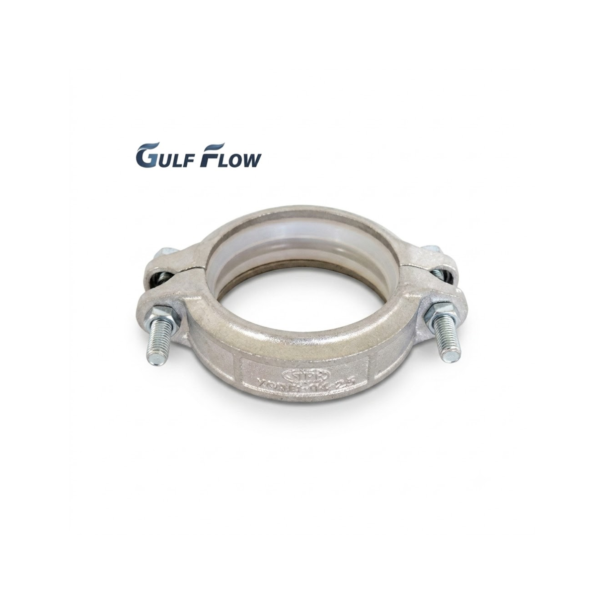 Clear studio-angle product shot of a Gulf Flow galvanized grooved flexible coupling pipe fitting showing the internal rubber gasket, heavy-duty side bolts, and clear silver-metallic finish on a pure white background.