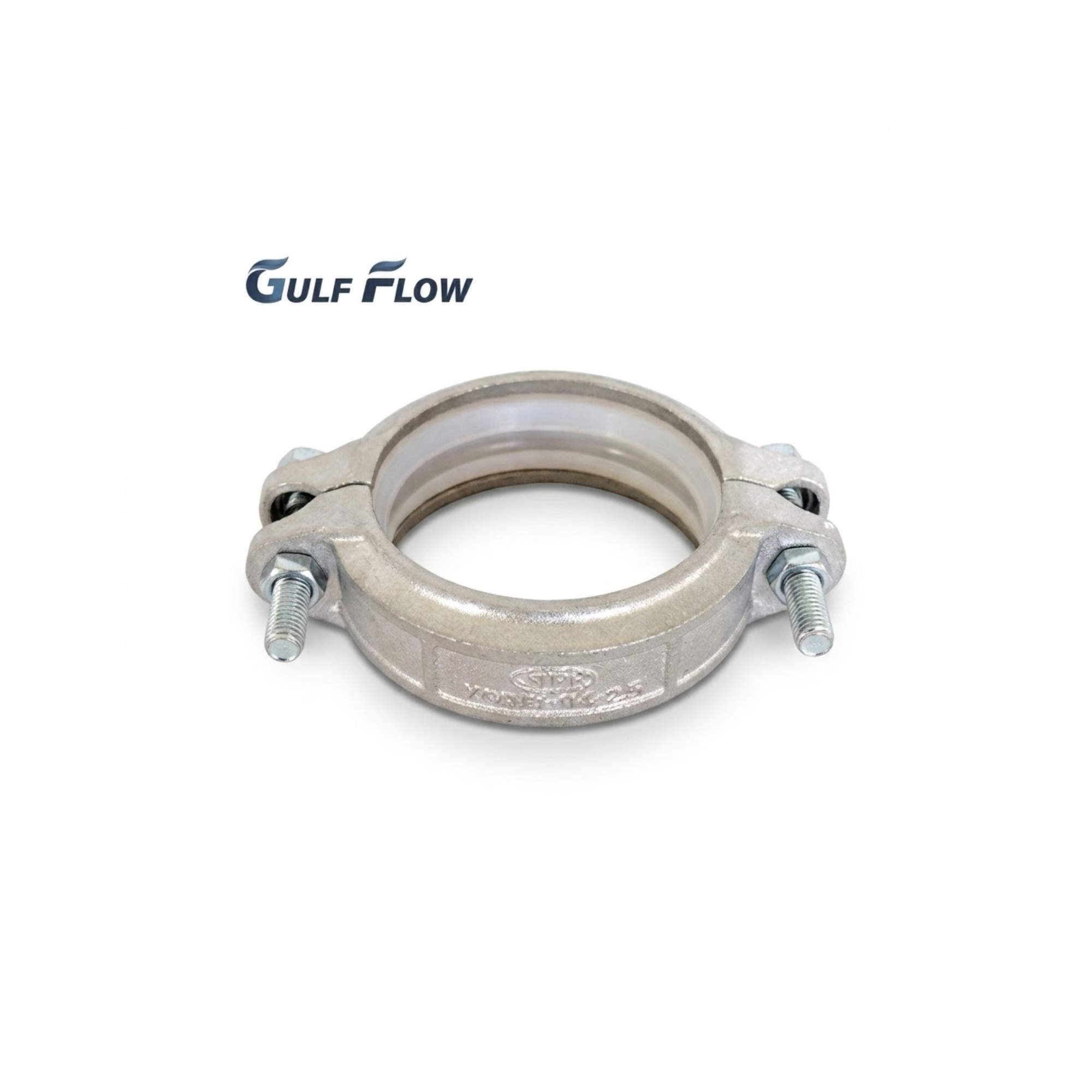 Clear studio-angle product shot of a Gulf Flow galvanized grooved flexible coupling pipe fitting showing the internal rubber gasket, heavy-duty side bolts, and clear silver-metallic finish on a pure white background.