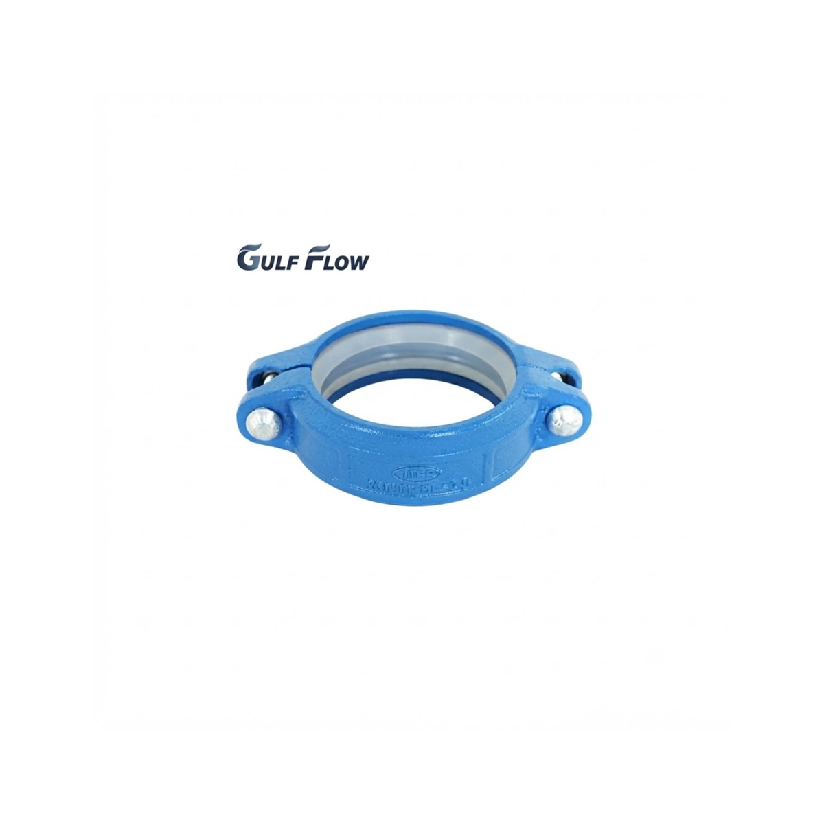 grooved rigid coupling pipe fitting with internal rubber gasket and heavy-duty side bolts on a clean white background.