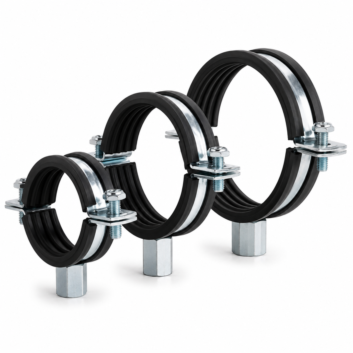 Pipe clamps with rubber lining used for vibration control and industrial pipe support systems in Qatar