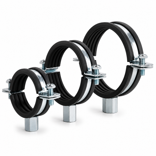 Pipe clamps with rubber lining used for vibration control and industrial pipe support systems in Qatar