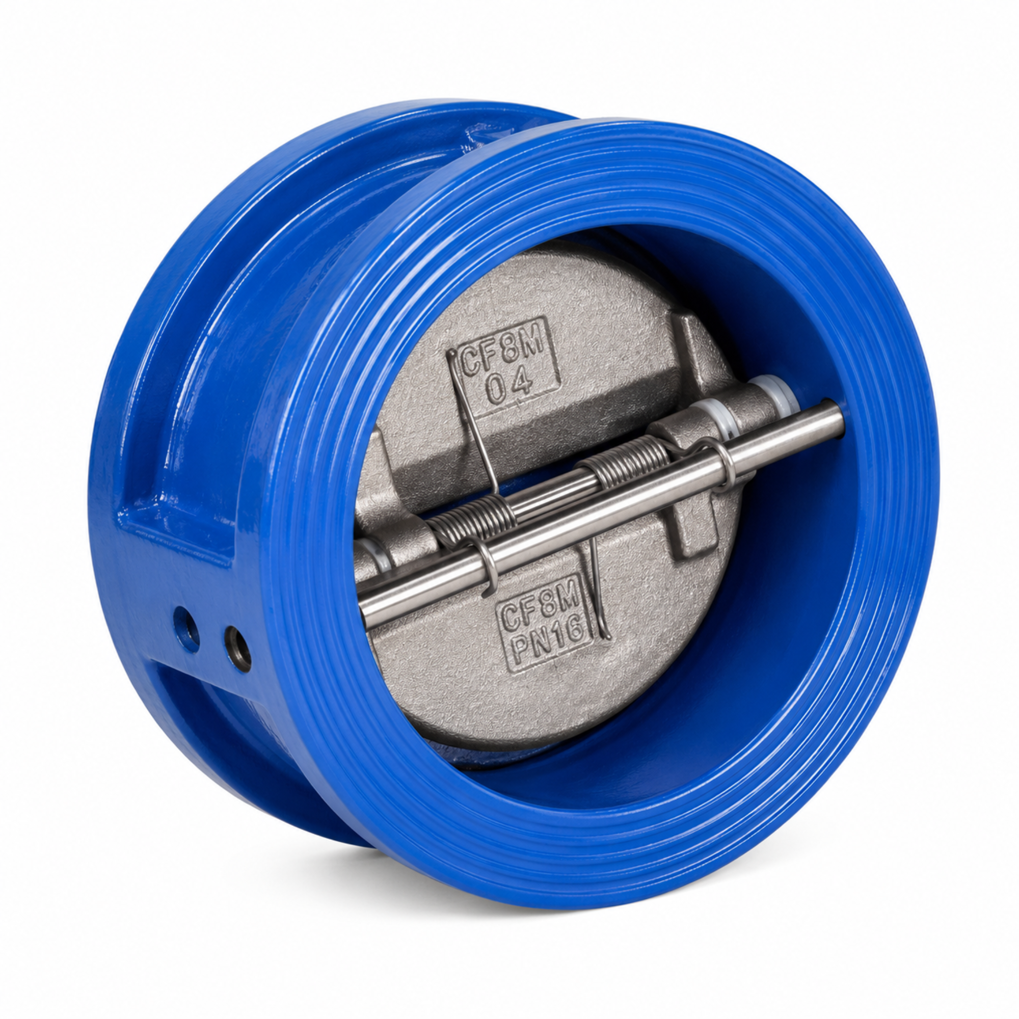 Dual plate check valve PN16 rated, wafer style non-return valve for industrial piping systems in Qatar, supplied by Gulfflow.